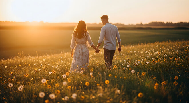 Couple walking through dandelion meadow at sunset