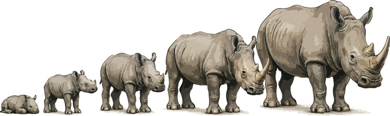 Fototapeta premium Life stages of white rhinoceros (Ceratotherium simum) from newborn calf to adult. Educational wildlife growth chart in realistic cartoon style with detailed anatomy, isolated on white background