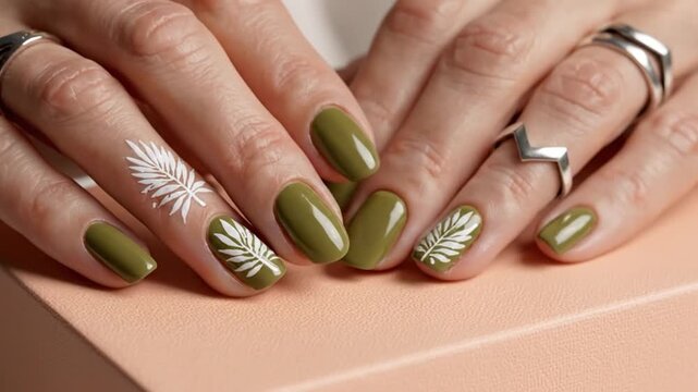 Close up of woman hands with olive green manicure and white leaf nail art design