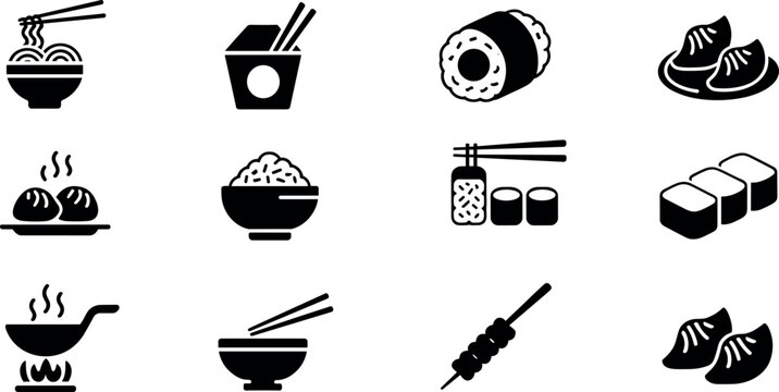 Asian food icon set with sushi noodles dim sum rice wok and bento box isolated vector illustrations
