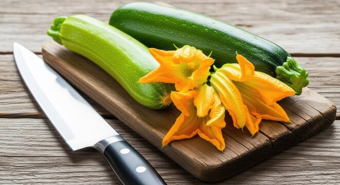 Vibrant green zucchini and delicate orange squash blossoms rest on a weathered wooden board next to a sharp steel knife in natural light, still life, blade, green