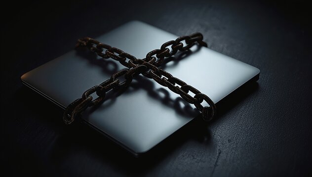 Heavy iron chain wrapped around a modern laptop on desk