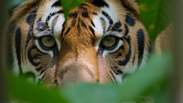 A tiger peers through green leaves with intense eyes staring directly.