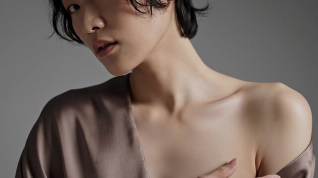 Close up of woman neck and collarbone against grey studio background