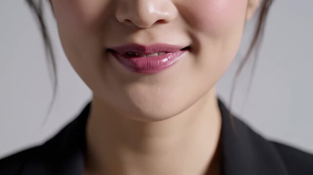 Close up of woman wearing mauve lipstick and black blazer against gray background