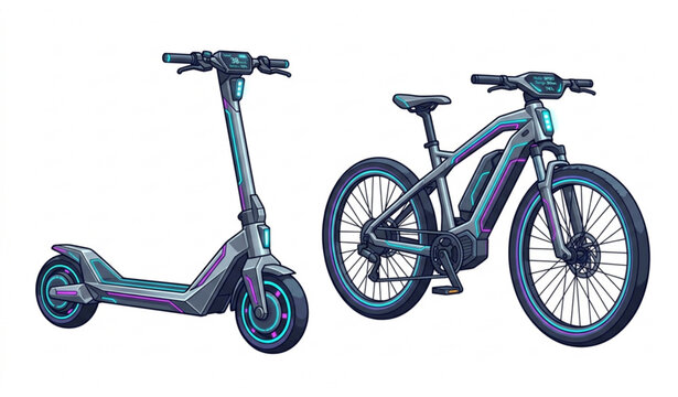Futuristic electric scooter and e-bike vector set with modern neon tech mobility icons