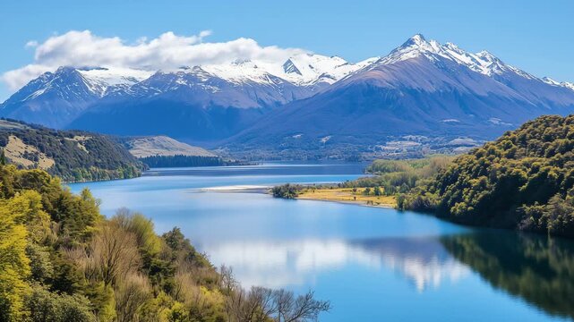 Mountains covered in snow border a clear lake reflecting the blue sky in New Zealands scenic landscape