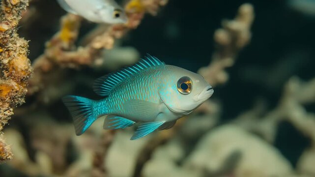 Fish swim close to coral in a vibrant underwater ecosystem, displaying natural behaviors in their habitat