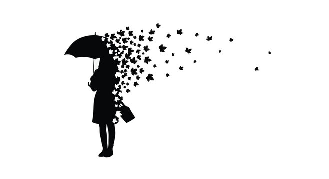 Woman silhouette holding an umbrella stands as her form dissolves into small leaves.