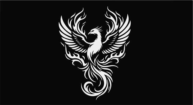 Phoenix rises from the ashes with majestic wings spread in a powerful display.