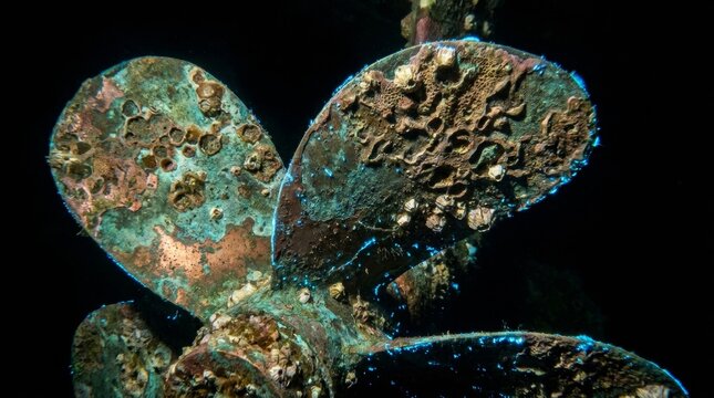 Rusty propeller blades with heavy marine growth and blue particles underwater