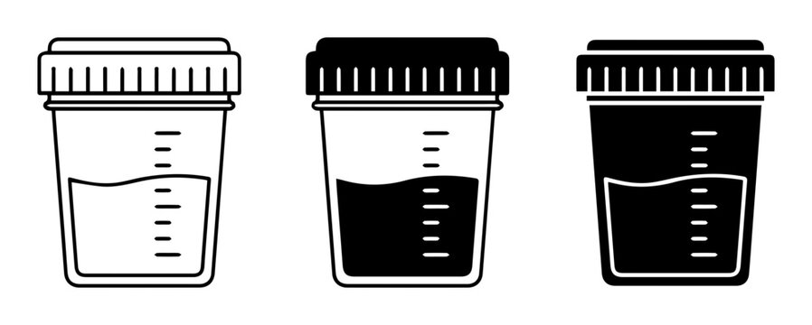 Vector urine sample containers, medical lab test cups, black and white icons