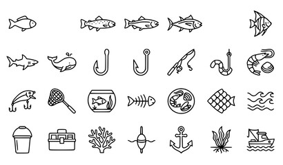 Fishing and Marine Life Line Art Icon Set with Fresh Fish Hooks Rod Tackle Box Anchor Whale and Shrimp Vector Illustration © MdGohurul