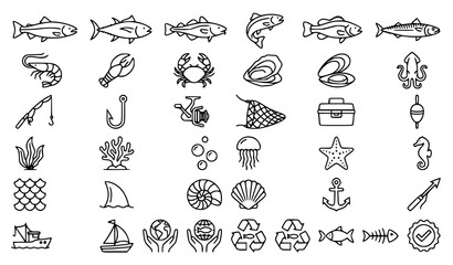 Fishing and Seafood Line Art Icon Set with Fresh Fish Lobster Crab Shells Fishing Rod Anchor and Marine Life Symbols for Web Design © MdGohurul