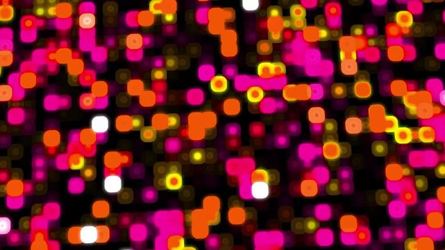 Abstract neon glowing pixel grid background, dynamic digital technology motion pattern in pink and orange