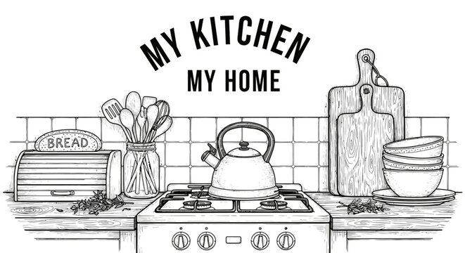 Hand drawn kitchen counter with My Kitchen My Home text