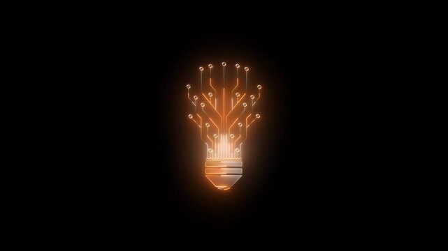 Digital light bulb with circuit board pattern, glowing tech innovation concept, isolated on black technology