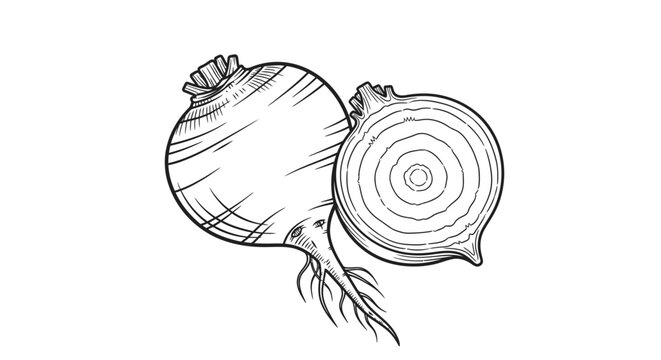 Hand drawn vintage beetroot whole and sliced on white background