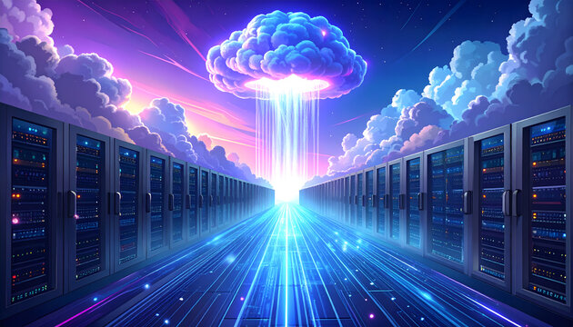 Data migration streams flowing through brain cloud creating monumental majestic celebratory secure bright atmosphere generative AI