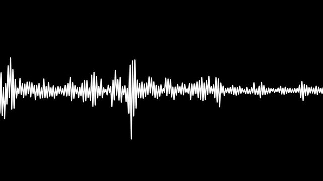 Dynamic white audio waveform visualization on black background, for music and, sound production