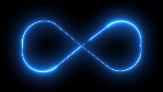 Glowing neon infinity symbol loop, abstract blue light motion on black background