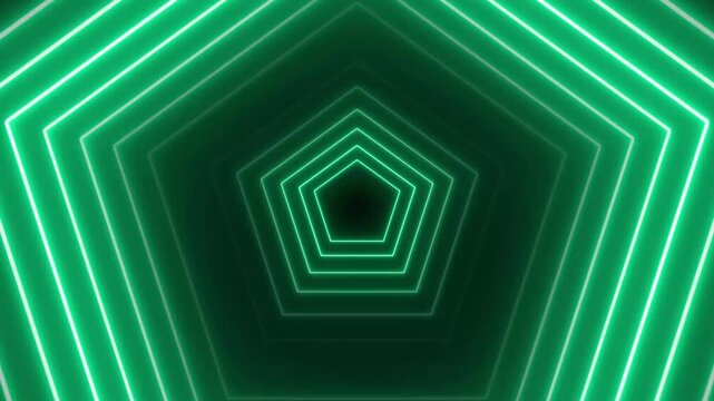 Green neon pentagonal tunnel abstract motion background, glowing geometric shape loop