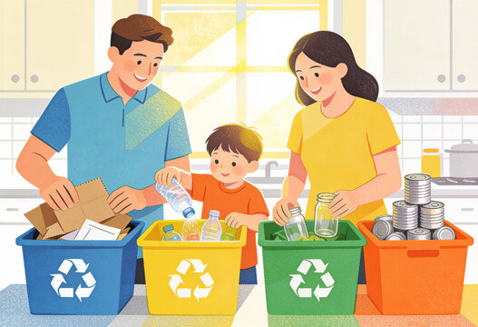 Family sorting recycling together in bright kitchen
