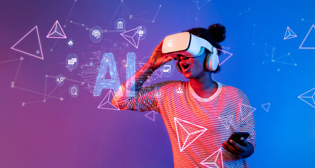 Naklejka premium A woman excitedly interacts with a virtual reality headset, surrounded by vibrant AI graphics, showcasing the fusion of technology and creativity in a digital landscape. XDMCP