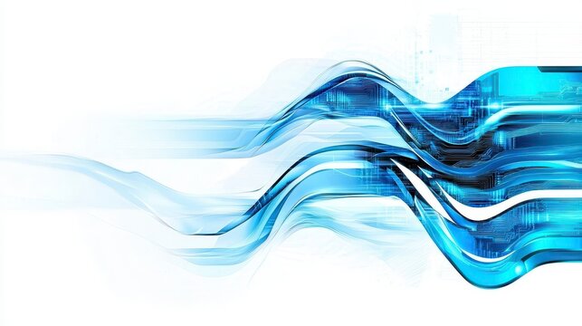 Abstract digital wave design in blue tones, symbolizing technology, data flow, and futuristic concepts with dynamic, fluid shapes on a white background.