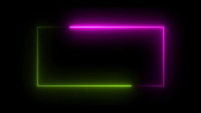 Neon glowing rectangular frame with moving pink and green light border animation rectangle
