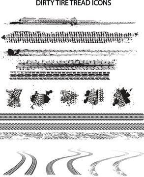 Dirty tire tread icons. Grunge car tyre tracks collection, isolated black mud splashes with automotive prints, and seamless transport wheel skid mark vector lines set