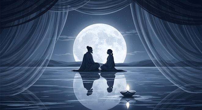 Guru purnima spiritual mentor and student under a full moon