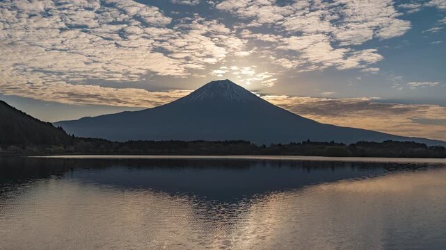 Fujinomiya Shizuoka Japan time lapse sunrise at lake Tanuki and reflection double diamond Fuji Mountain