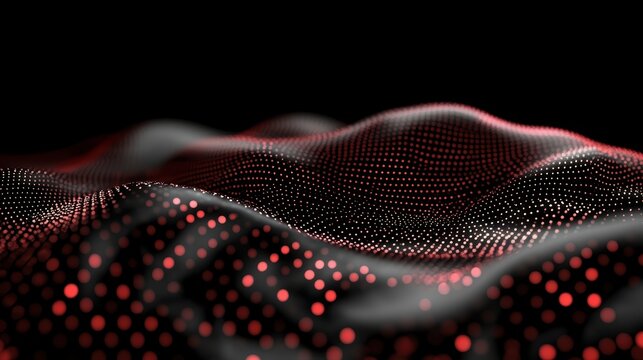 Abstract red glowing dots wave surface on dark background modern digital particle field technology design concept