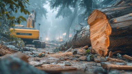 Fototapeta premium Logging Operation in Foggy Forest with Exposed Tree Stump and Machinery