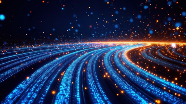 Dynamic digital data stream flowing through futuristic cyberspace environment with glowing particles