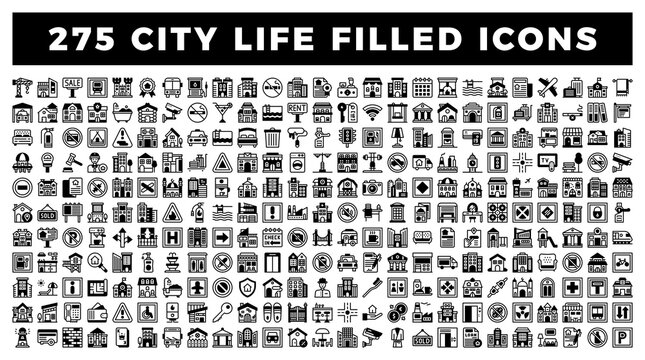 Collection of 275 black filled city life icons. diverse urban elements in clean. modern style.