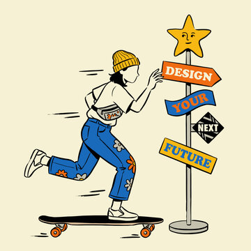Design your next future. Trendy graphic design for t shirt or poster. Skater riding longboard toward a motivational signpost with a star. Vintage comic book style line art illustration.