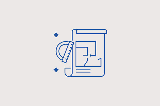 Rolled paper house blueprint with drafting protractor line icon for architecture design studio, construction engineering bureau. Neat vector illustration for property planning.