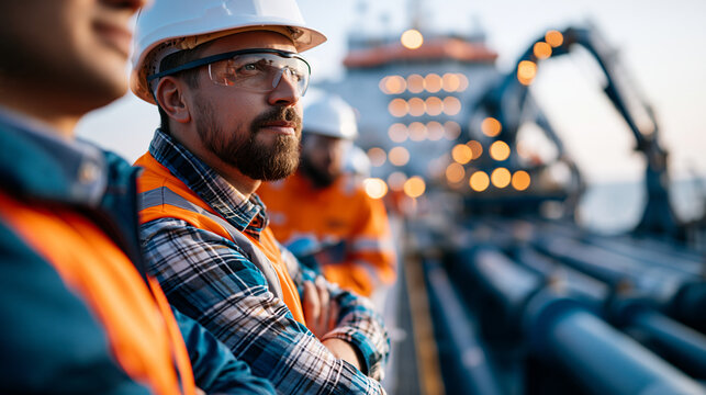 Crude oil tanker docked at an offshore terminal with loading arms and safety gear workers in a global energy logistics scene photorealistic