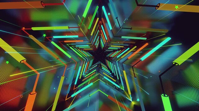 Seamless loop of a star-shaped tunnel. Abstract digital vortex with rhythmic motion and glowing geometric elements, creating a deep perspective background for stage screens and event displays.