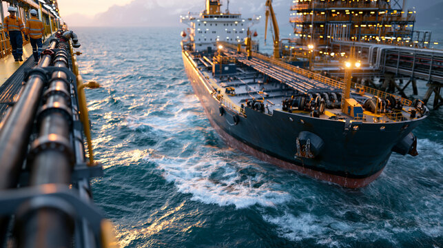 Photorealistic scene of crude oil tanker docked at offshore terminal with loading arms and safety gear workers in global energy logistics