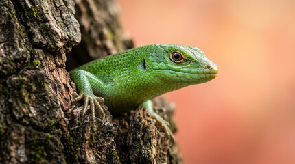 Fototapeta premium European green lizard (Lacerta viridis) peeking out from a hole in a textured tree bark, macro wildlife photography