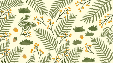 Autumnal Nature Pattern with Ferns, Acorns, and Berries on a Cream Background © Pronob Kumar Ray