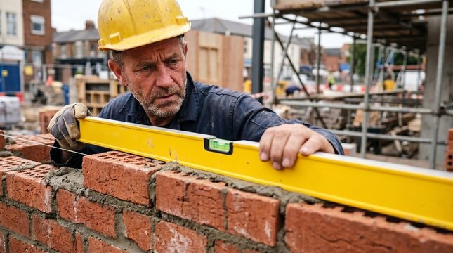 Construction worker using a spirit level to check brick wall alignment on a building site