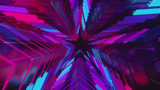 Seamless digital star vortex with rhythmic motion and glowing geometric elements, creating a deep perspective background for stage screens and event displays.