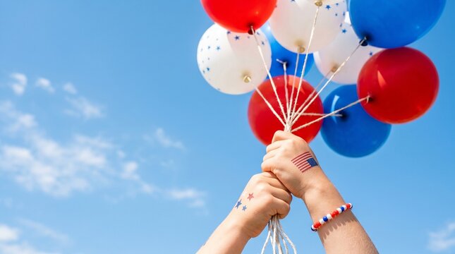 Hands holding red white and blue balloons against a clear blue sky celebrating U.S. Independence Day