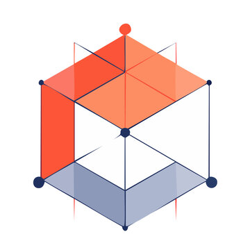 Isometric Wireframe Cube with Orange and Blue Faces