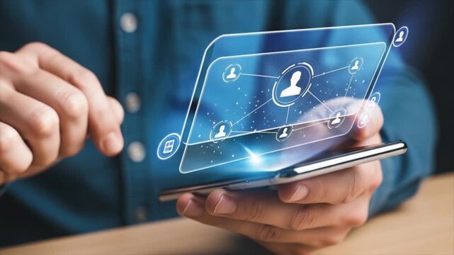 Futuristic Interface Interaction A person's hands interact with a sleek transparent smartphone displaying a futuristic interface with interconnected user profiles and icons