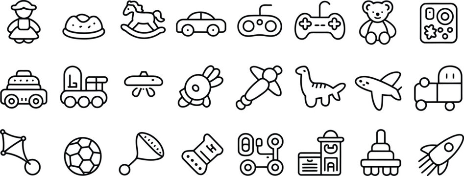 Collection of simple outline representing various toys and playthings